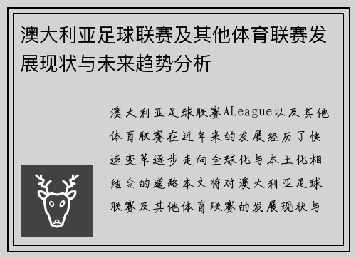 澳大利亚足球联赛及其他体育联赛发展现状与未来趋势分析