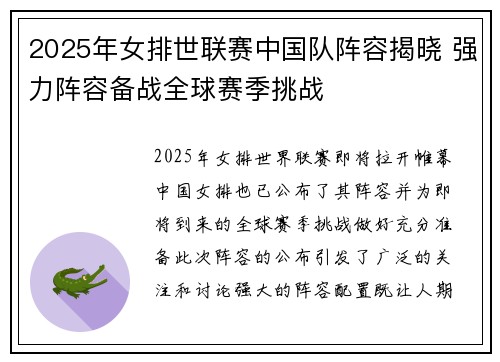 2025年女排世联赛中国队阵容揭晓 强力阵容备战全球赛季挑战