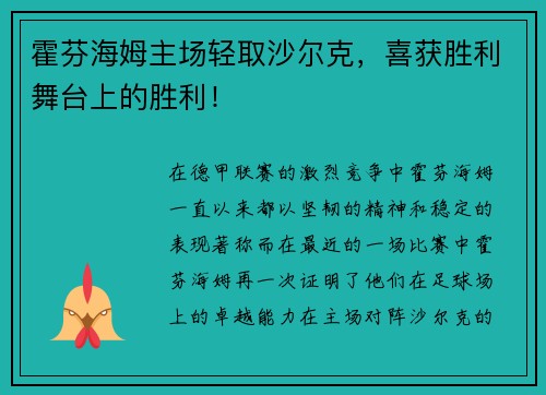 霍芬海姆主场轻取沙尔克，喜获胜利舞台上的胜利！